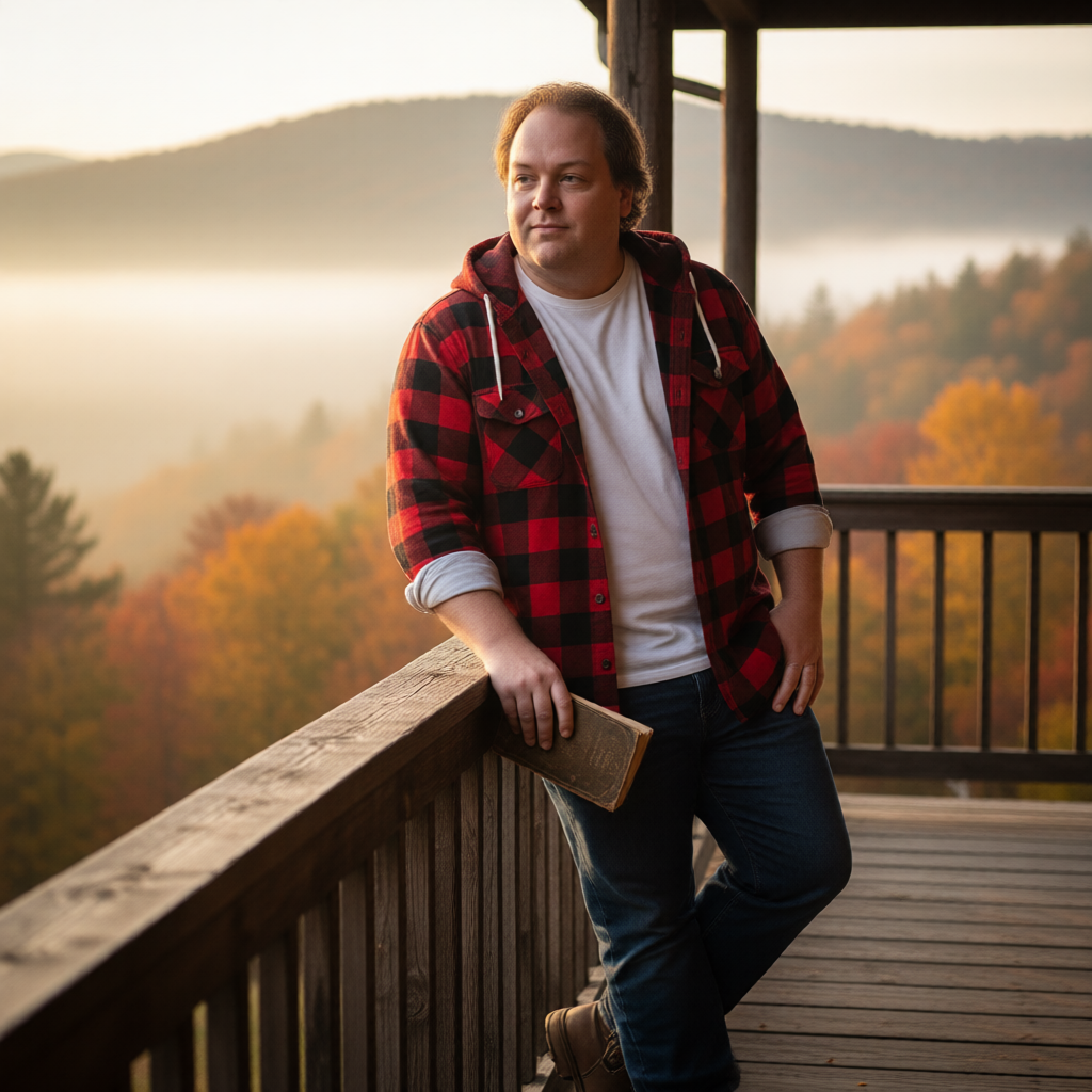 R. M. Kiser standing on a porch overlooking the Appalachian mountains
